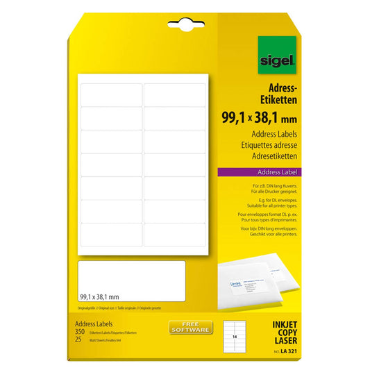 SIGEL Adressetiketten weiß 99,1 x 38,1 mm | LA321 | 1 Pack = 25 Blatt