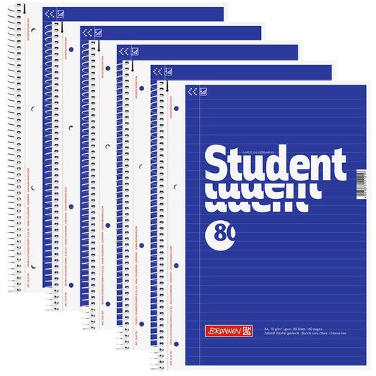 BRUNNEN Collegeblöcke Student liniert DIN A4 Innenrand | 1067941 | 1 Pack = 5 Blöcke