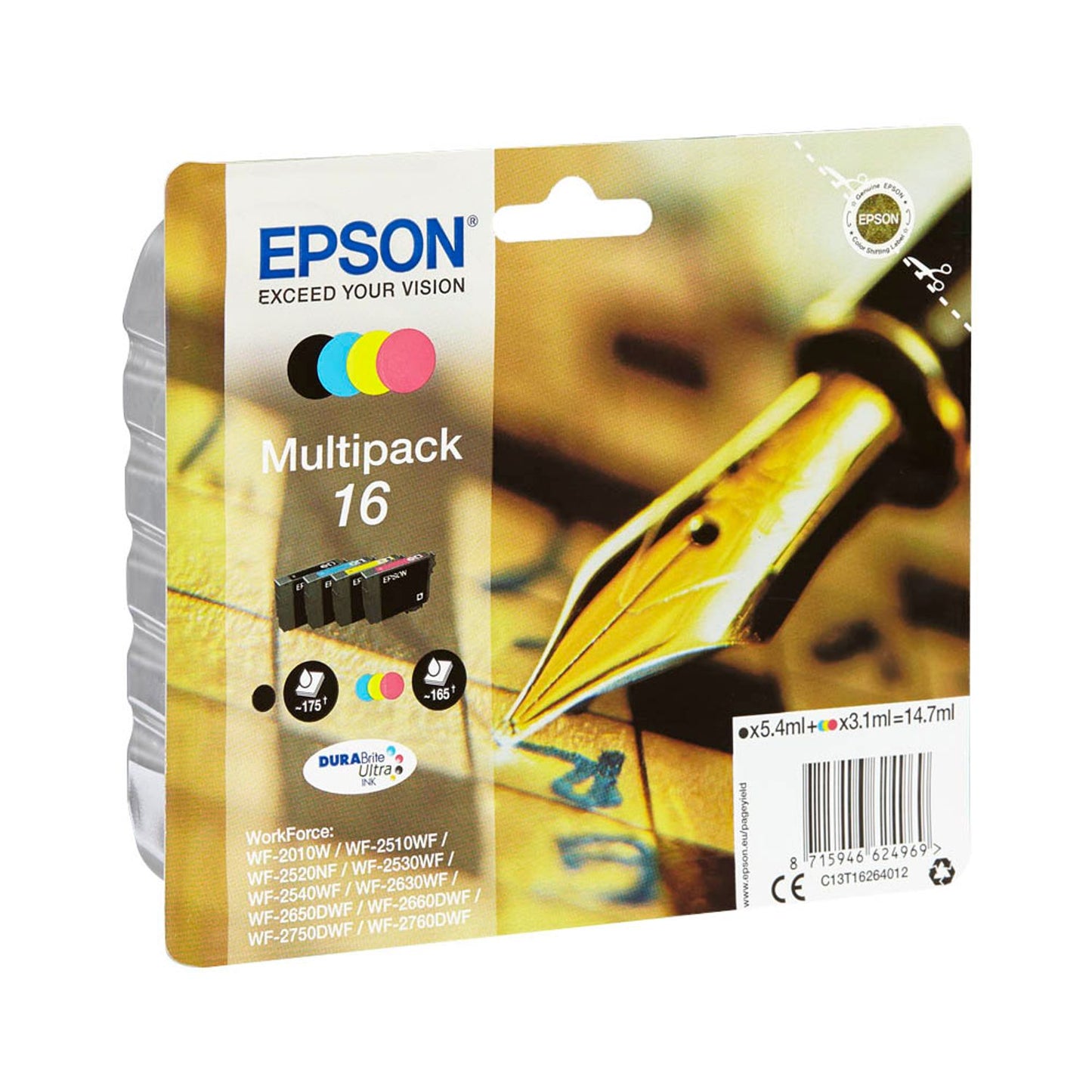 EPSON 16 / T1626 schwarz, cyan, magenta, gelb Druckerpatronen, 4er-Set | C13T16264012 | 1 Pack = 4 St.