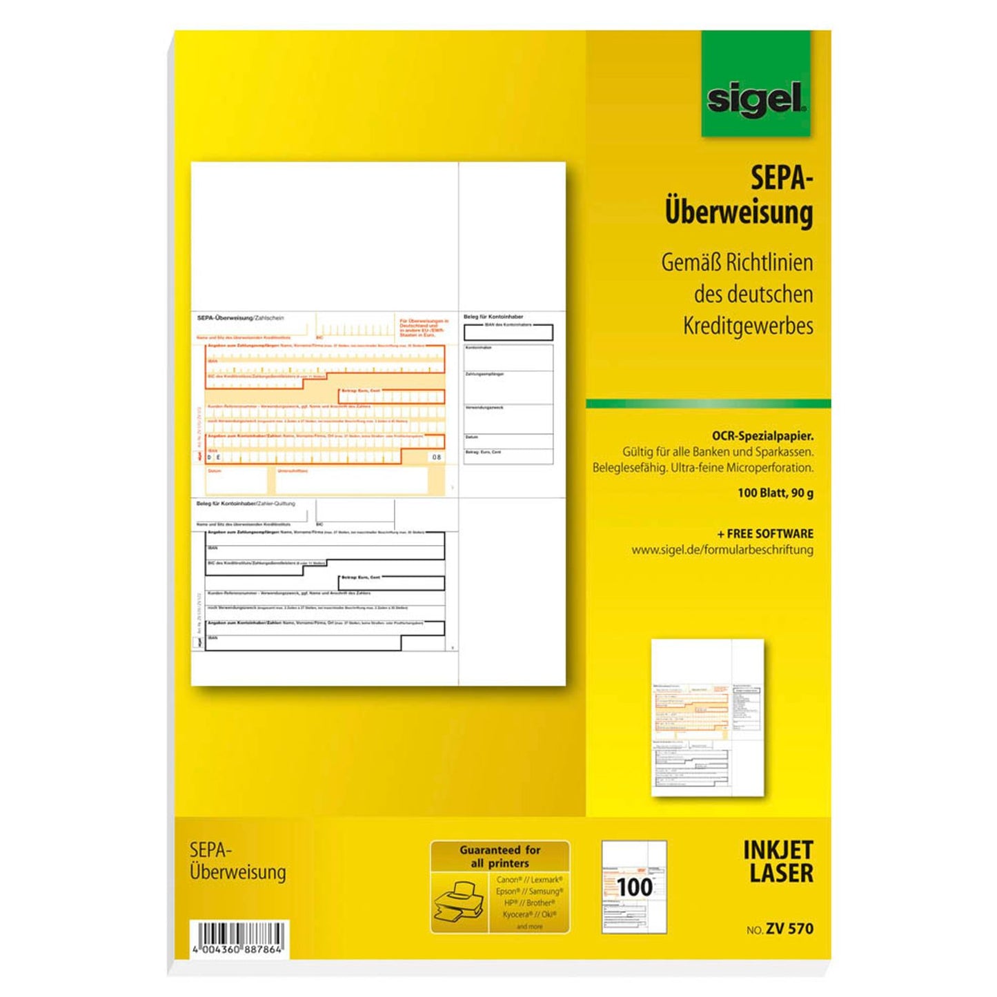 SIGEL SEPA-Überweisungsschein/-Zahlschein Bankformulare | ZV570 | 1 Pack = 100 Blatt