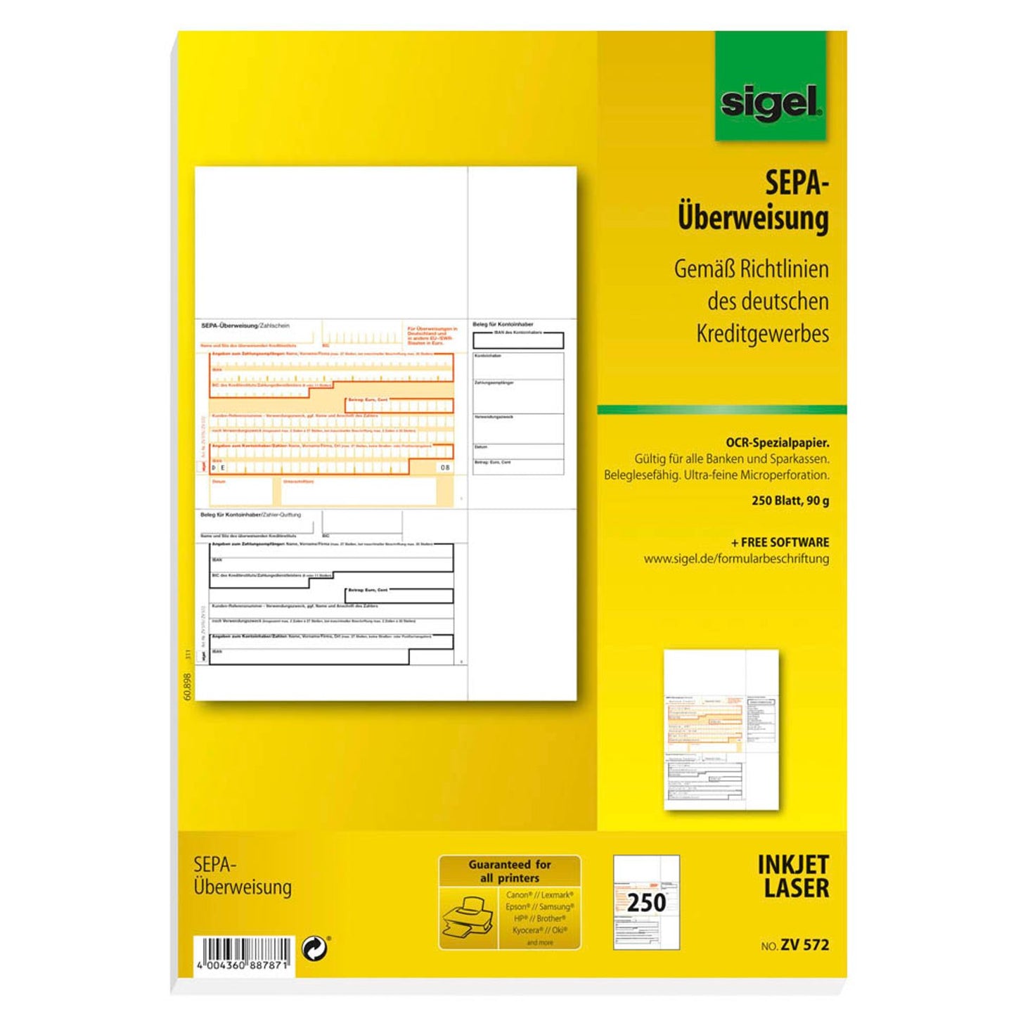 SIGEL SEPA-Überweisungsschein/-Zahlschein Bankformulare | ZV572 | 1 Pack = 250 Blatt