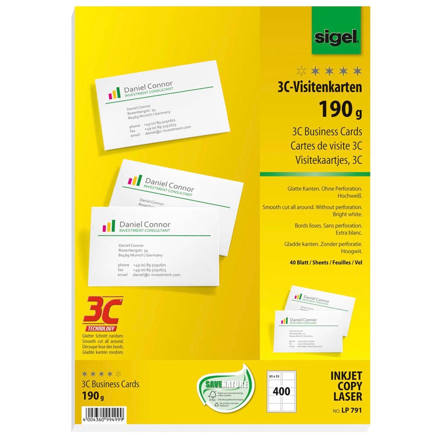 SIGEL Visitenkarten matt weiß 190 g/qm | LP791 | 1 Pack = 400 St.