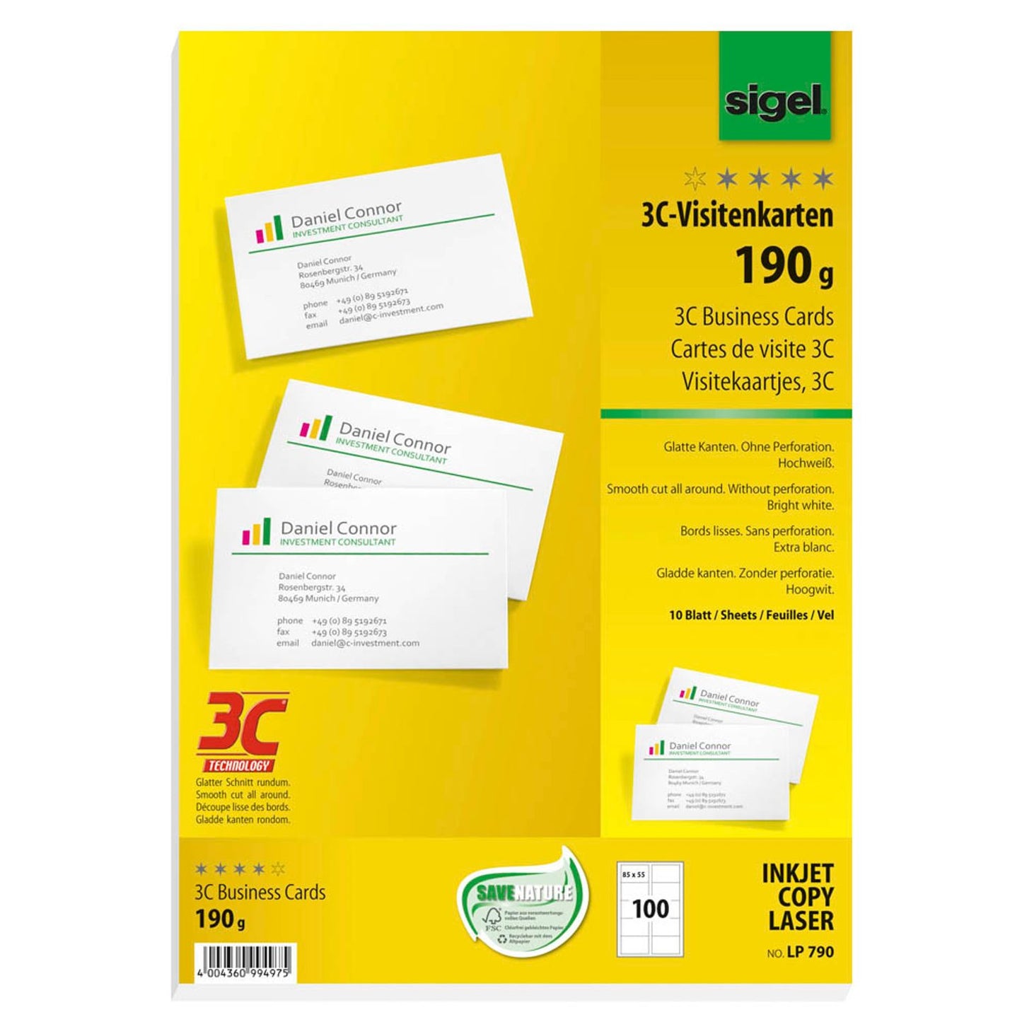SIGEL Visitenkarten matt weiß 190 g/qm | LP790 | 1 Pack = 100 St.