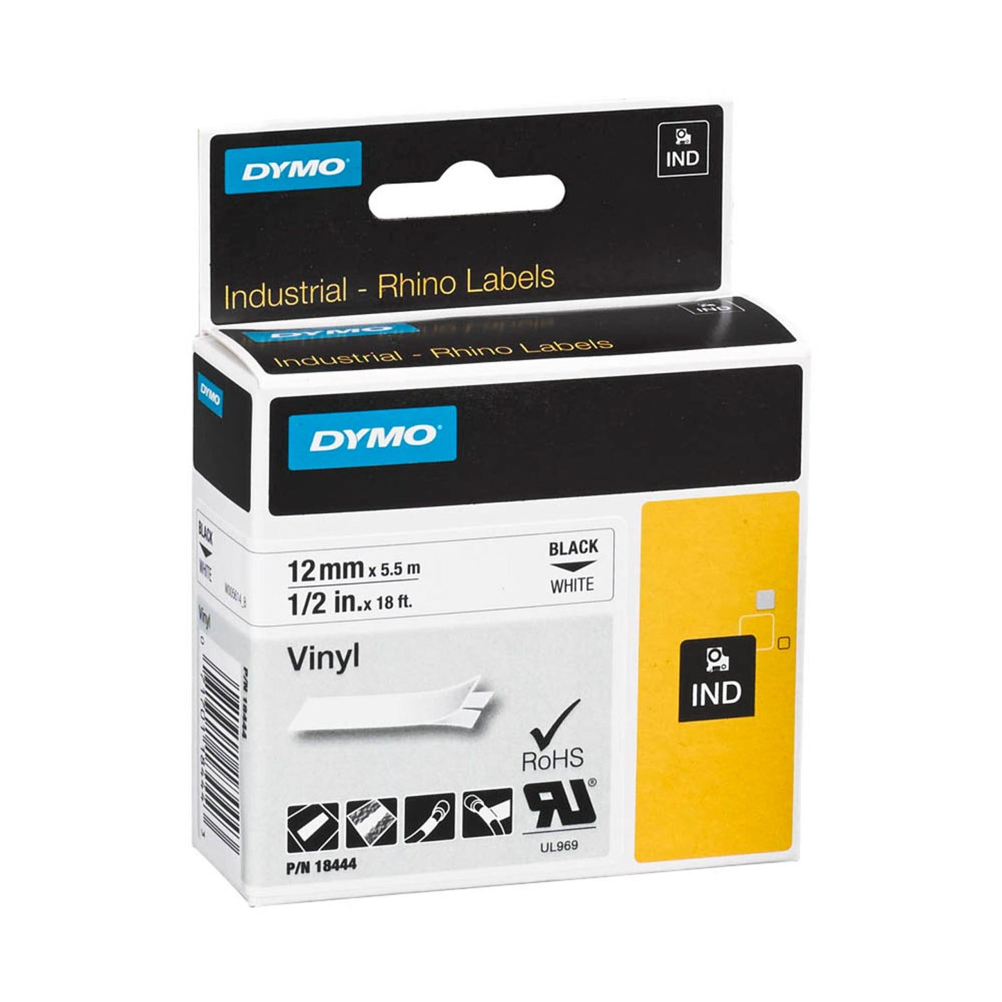 DYMO Schriftband RHINO , 12 mm schwarz auf weiß | 18444