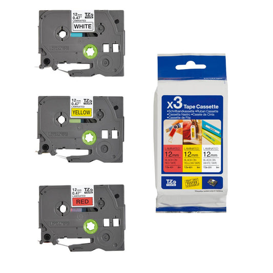 brother Schriftbänder TZe-31M3 , 12 mm farbig sortiert | TZE31M3 | 1 Aktionspack = 3 St.