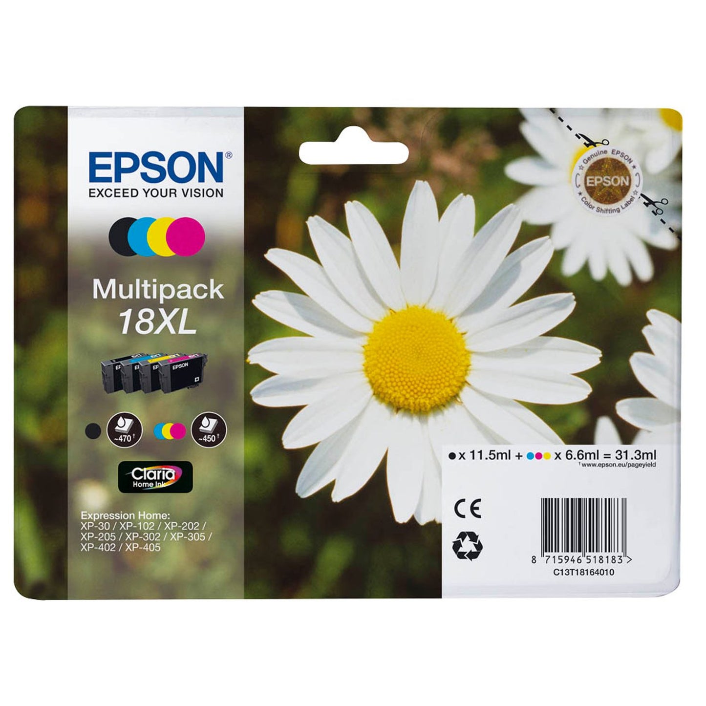 EPSON 18XL / T1816XL schwarz, cyan, magenta, gelb Druckerpatronen, 4er-Set | C13T18164012 | 1 Pack = 4 St.