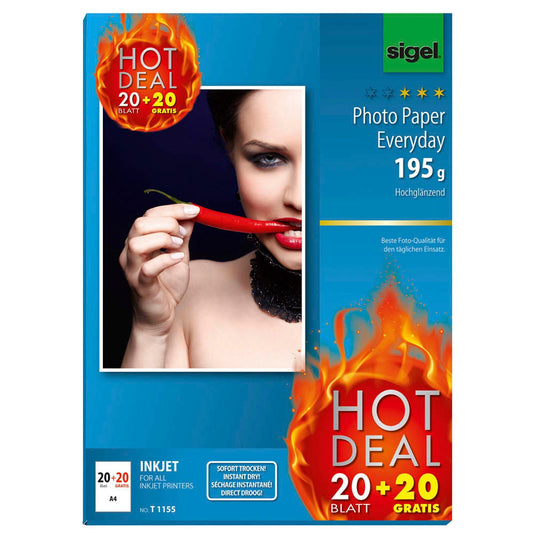 SIGEL Fotopapier DIN A4 hochglänzend 195 g/qm | T1155 | 1 Pack = 40 Blatt