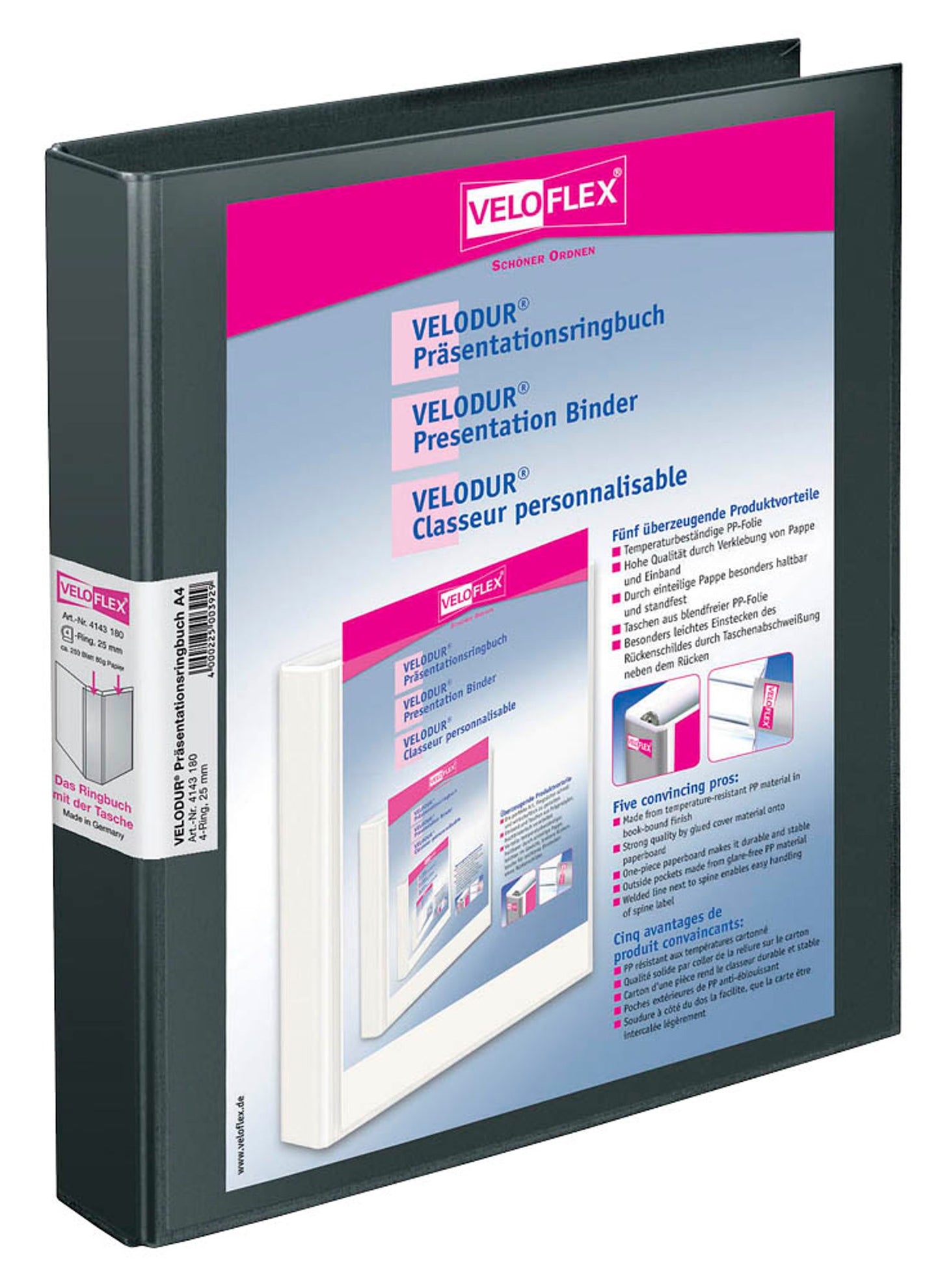 10 VELOFLEX VELODUR® Präsentationsringbücher 4-Ringe schwarz cm DIN A4,