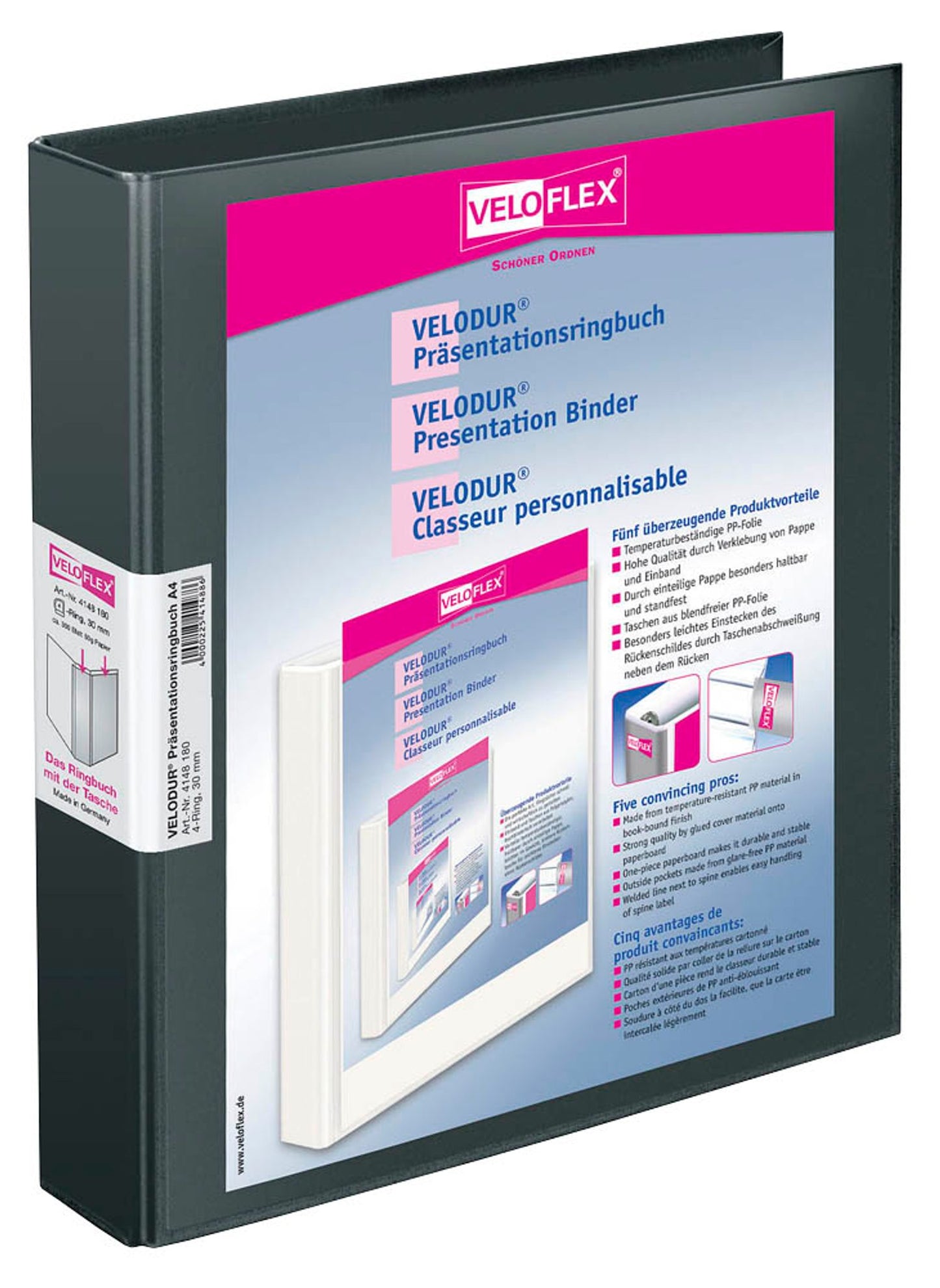 10 VELOFLEX VELODUR® Präsentationsringbücher 4-Ringe schwarz cm DIN A4,