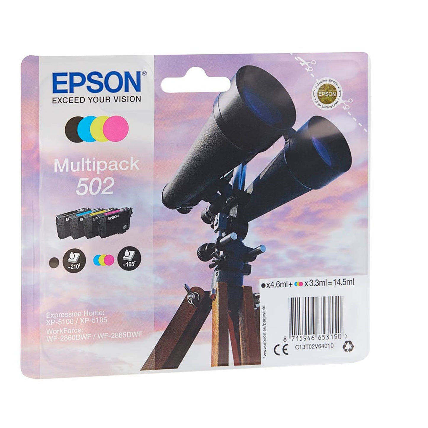 EPSON 502/T02V64 schwarz, cyan, magenta, gelb Druckerpatronen, 4er-Set | C13T02V64010 | 1 Pack = 4 St.