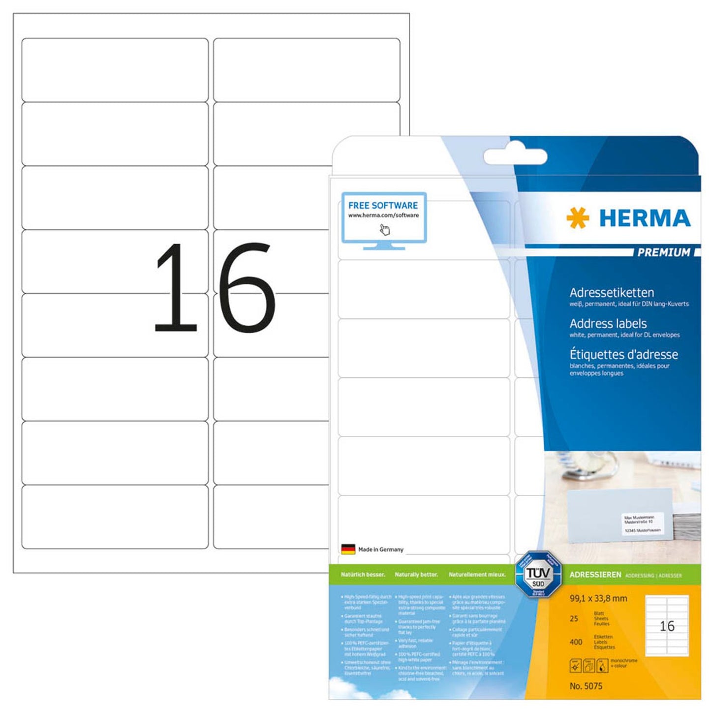 HERMA Adressetiketten weiß 99,1 x 33,8 mm | 5075 | 1 Pack = 25 Blatt