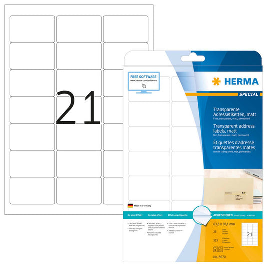 HERMA Adressetiketten transparent 63,5 x 38,1 mm | 8670 | 1 Pack = 25 Blatt