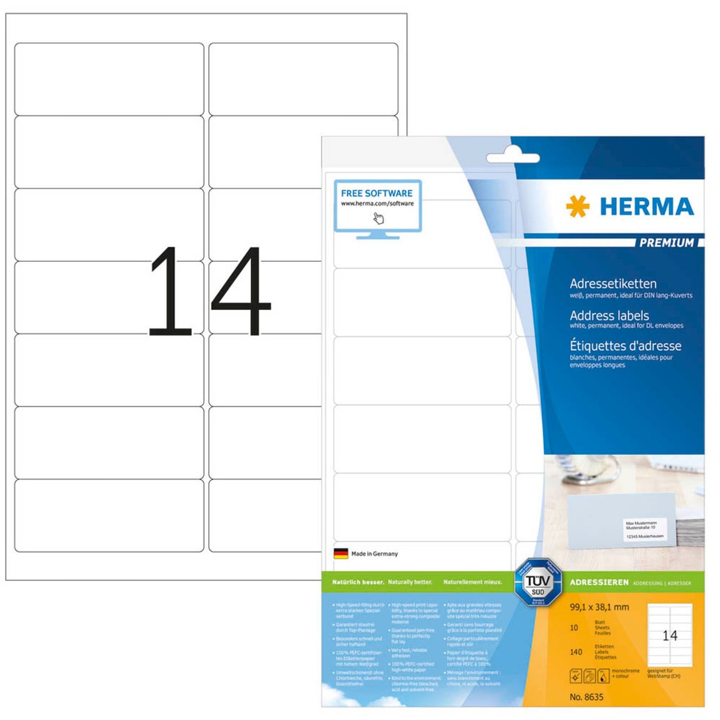 HERMA Adressetiketten weiß 99,1 x 38,1 mm | 8635 | 1 Pack = 10 Blatt