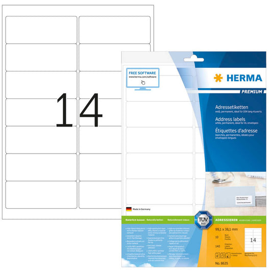 HERMA Adressetiketten weiß 99,1 x 38,1 mm | 8635 | 1 Pack = 10 Blatt