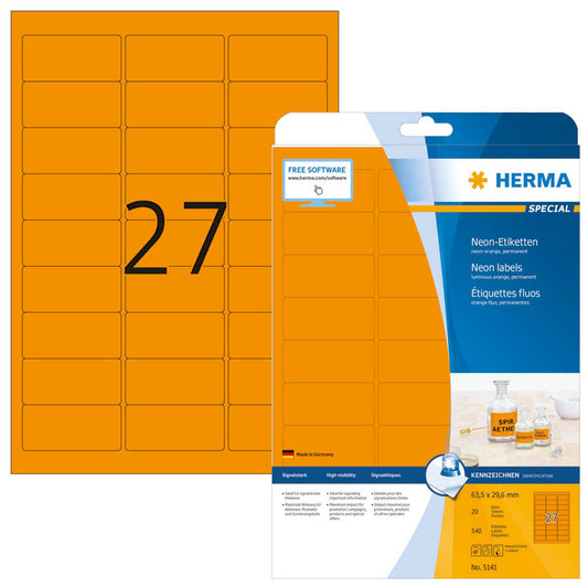 HERMA Etiketten orange 63,5 x 29,6 mm | 5141 | 1 Pack = 20 Blatt