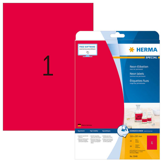 HERMA Etiketten rot 210,0 x 297,0 mm | 5048 | 1 Pack = 20 Blatt