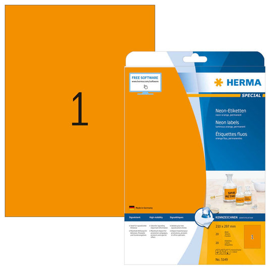 HERMA Etiketten orange 210,0 x 297,0 mm | 5149 | 1 Pack = 20 Blatt