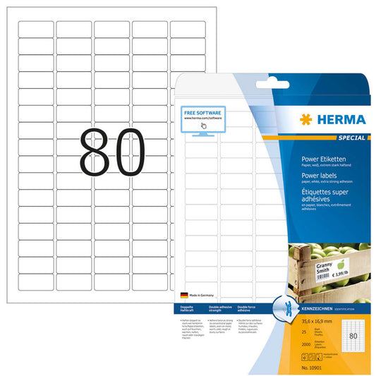 HERMA Power-Etiketten weiß 35,6 x 16,9 mm | 10901 | 1 Pack = 25 Blatt