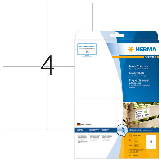HERMA Power-Etiketten weiß 105,0 x 148,0 mm | 10909 | 1 Pack = 25 Blatt