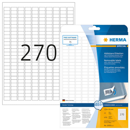 HERMA Etiketten weiß 17,8 x 10,0 mm | 10000 | 1 Pack = 25 Blatt