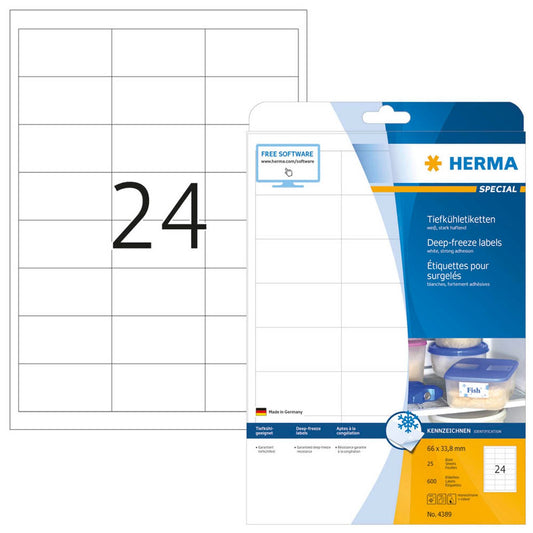 HERMA SPECIAL Tiefkühletiketten weiß 66,0 x 33,8 mm | 4389 | 1 Pack = 25 Blatt