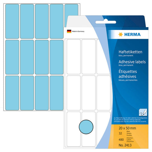 HERMA Etiketten blau 50,0 x 20,0 mm | 2413 | 1 Pack = 32 Blatt