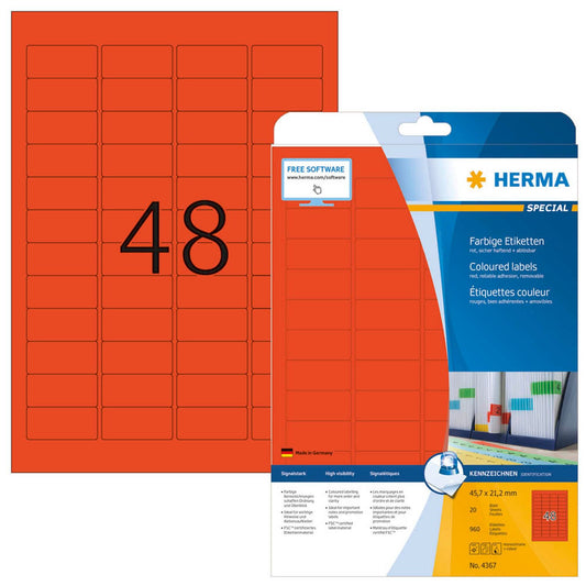 HERMA Etiketten rot 45,7 x 21,2 mm | 4367 | 1 Pack = 20 Blatt