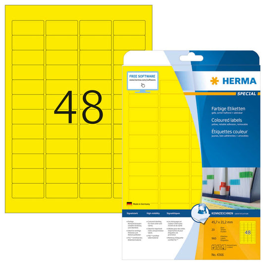 HERMA Etiketten gelb 45,7 x 21,2 mm | 4366 | 1 Pack = 20 Blatt
