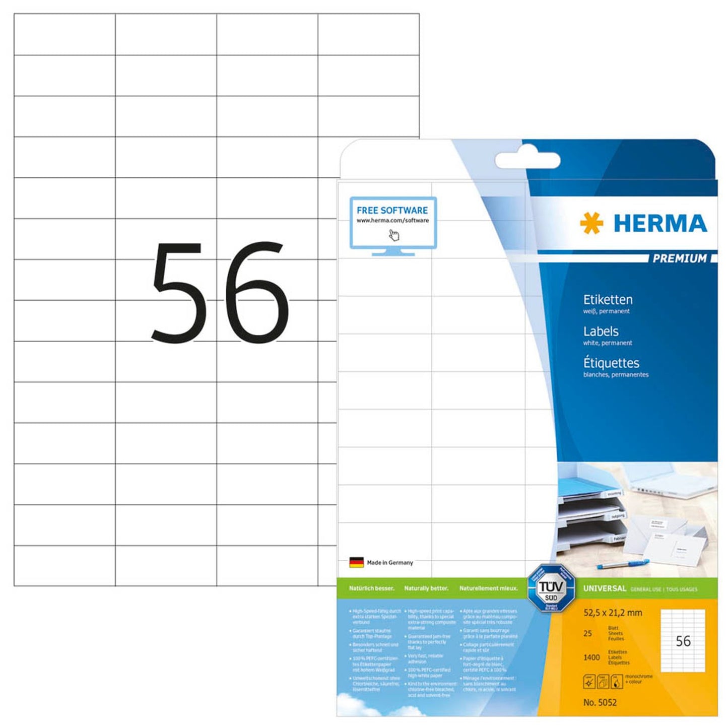 HERMA Etiketten weiß 52,5 x 21,2 mm | 5052 | 1 Pack = 25 Blatt