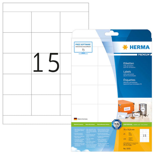 HERMA Etiketten weiß 70,0 x 50,8 mm | 5055 | 1 Pack = 25 Blatt