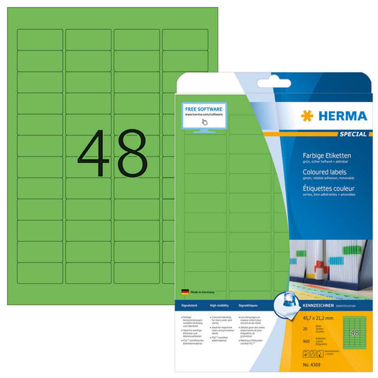 HERMA Etiketten grün 45,7 x 21,2 mm | 4369 | 1 Pack = 20 Blatt