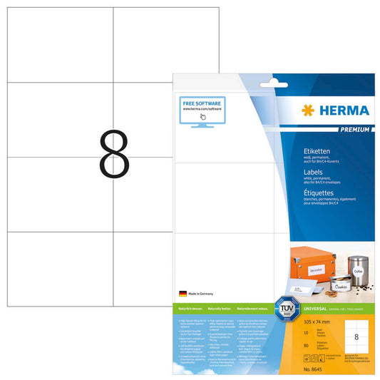 HERMA Etiketten weiß 105,0 x 74,0 mm | 8645 | 1 Pack = 10 Blatt