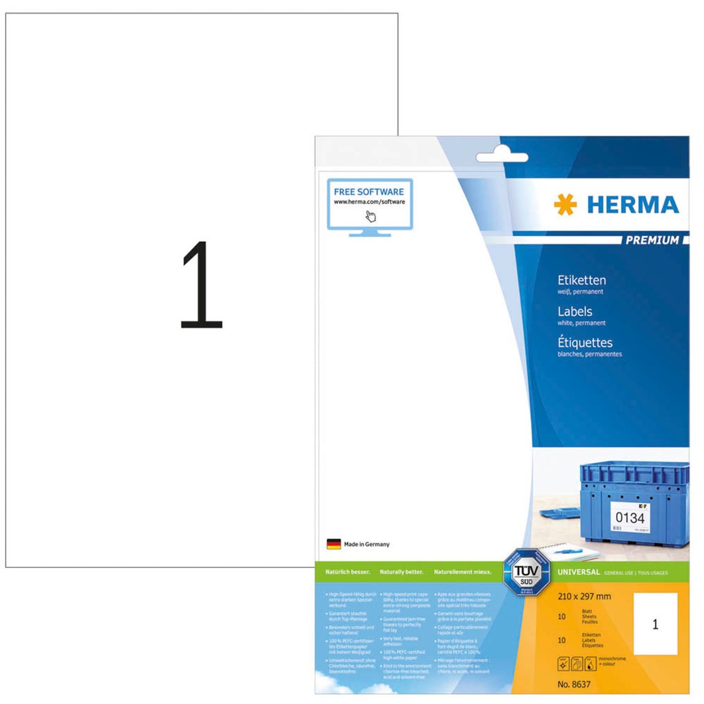 HERMA Etiketten weiß 210,0 x 297,0 mm | 8637 | 1 Pack = 10 Blatt