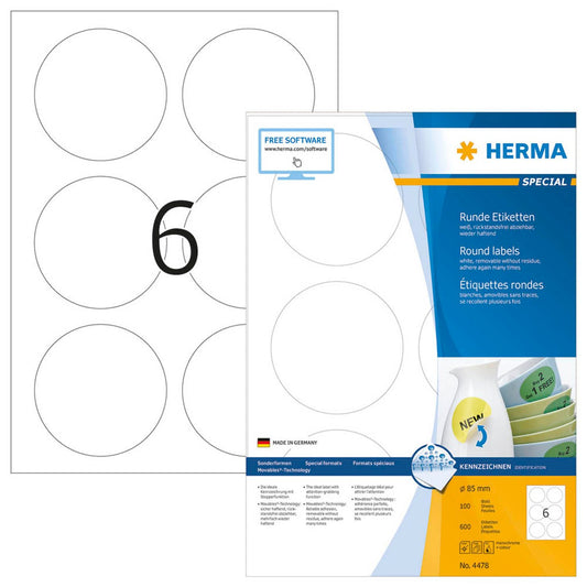 HERMA Etiketten weiß 85,0 x 85,0 mm | 4478 | 1 Pack = 100 Blatt