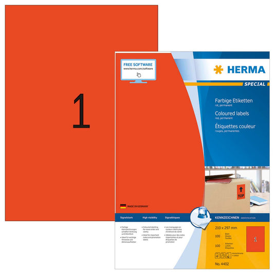 HERMA Etiketten rot 210,0 x 297,0 mm | 4402 | 1 Pack = 100 Blatt