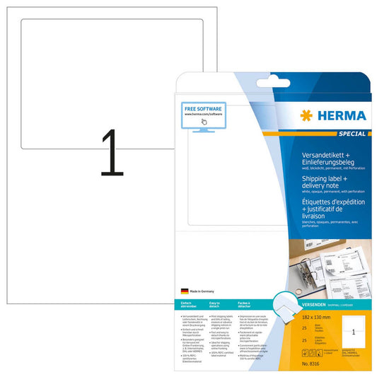 HERMA Adressetiketten weiß 182,0 x 130,0 mm | 8316 | 1 Pack = 25 Blatt