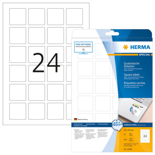 HERMA Etiketten weiß 40,0 x 40,0 mm | 10108 | 1 Pack = 25 Blatt