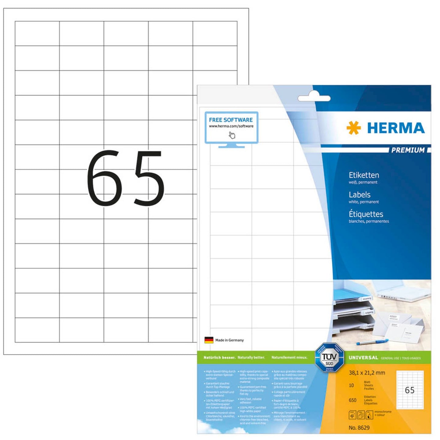 HERMA Etiketten weiß 38,1 x 21,2 mm | 8629 | 1 Pack = 10 Blatt