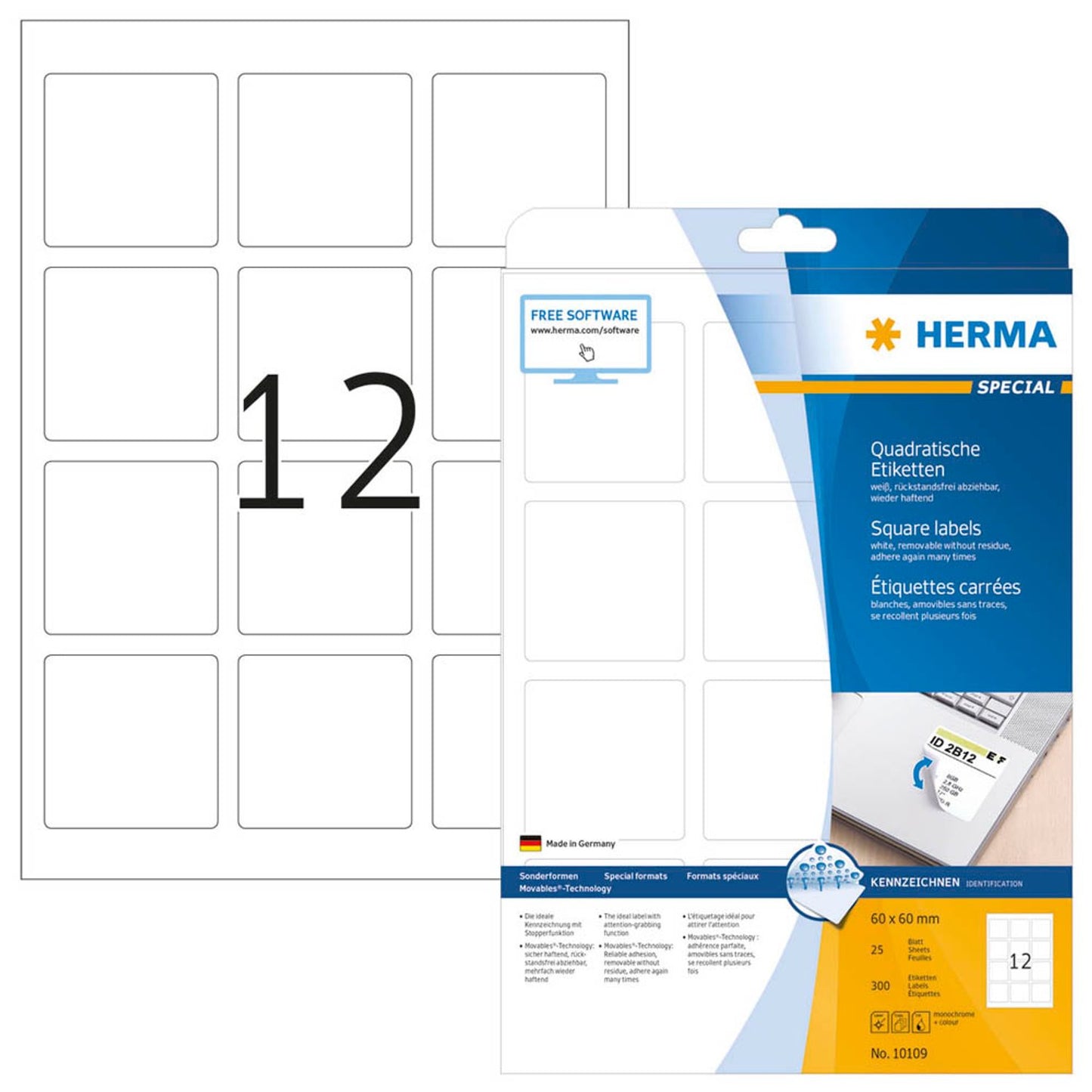 HERMA Etiketten weiß 60,0 x 60,0 mm | 10109 | 1 Pack = 25 Blatt