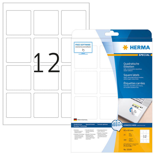 HERMA Etiketten weiß 60,0 x 60,0 mm | 10109 | 1 Pack = 25 Blatt
