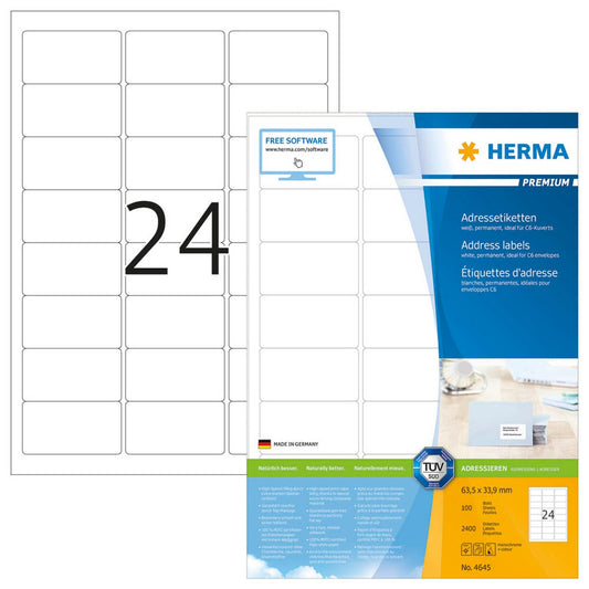 HERMA Adressetiketten weiß 63,5 x 33,9 mm | 4645 | 1 Pack = 100 Blatt
