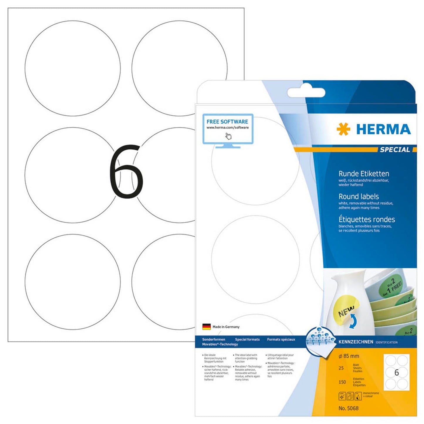 HERMA Etiketten weiß 85,0 x 85,0 mm | 5068 | 1 Pack = 25 Blatt