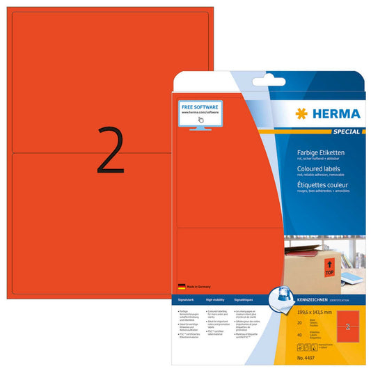 HERMA Etiketten rot 199,6 x 143,5 mm | 4497 | 1 Pack = 20 Blatt