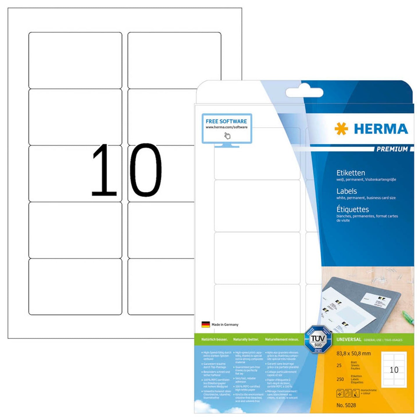 HERMA Etiketten weiß 83,8 x 50,8 mm | 5028 | 1 Pack = 25 Blatt