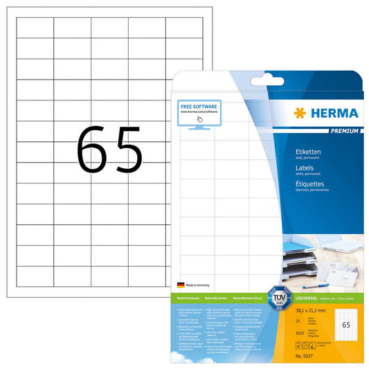 HERMA Etiketten weiß 38,1 x 21,2 mm | 5027 | 1 Pack = 25 Blatt