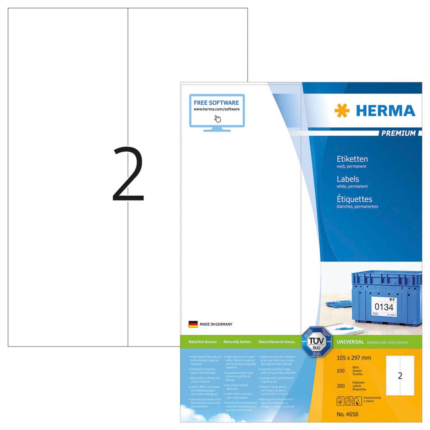 HERMA Etiketten weiß 105,0 x 297,0 mm | 4658 | 1 Pack = 100 Blatt