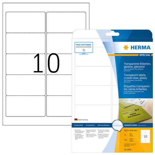 HERMA Folienetiketten transparent 96,0 x 50,8 mm | 8018 | 1 Pack = 25 Blatt