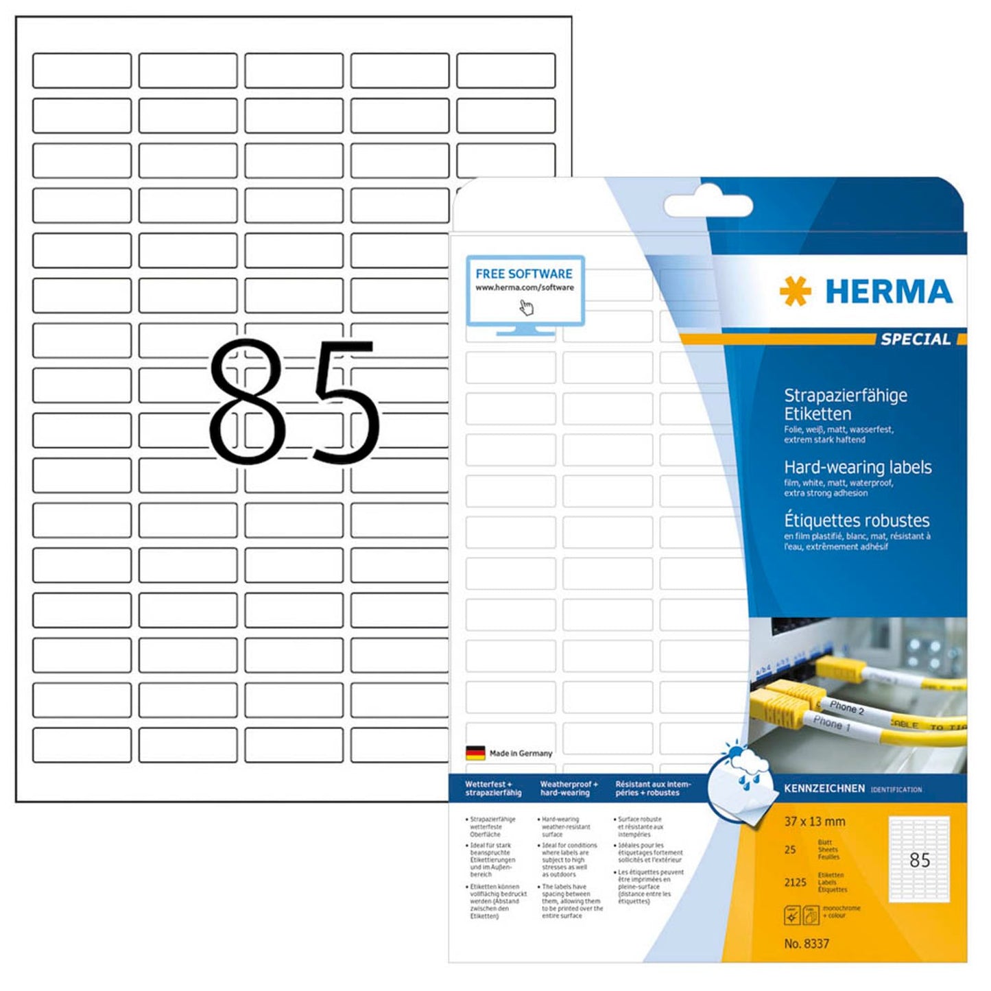 HERMA wetterfeste Folienetiketten weiß 37,0 x 13,0 mm | 8337 | 1 Pack = 25 Blatt