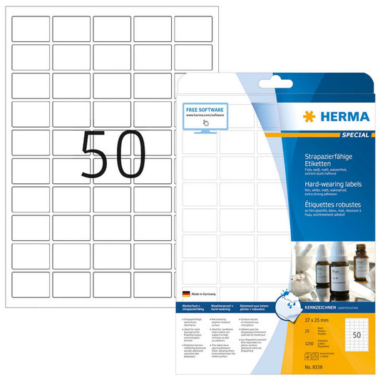 HERMA wetterfeste Folienetiketten weiß 37,0 x 25,0 mm | 8338 | 1 Pack = 25 Blatt