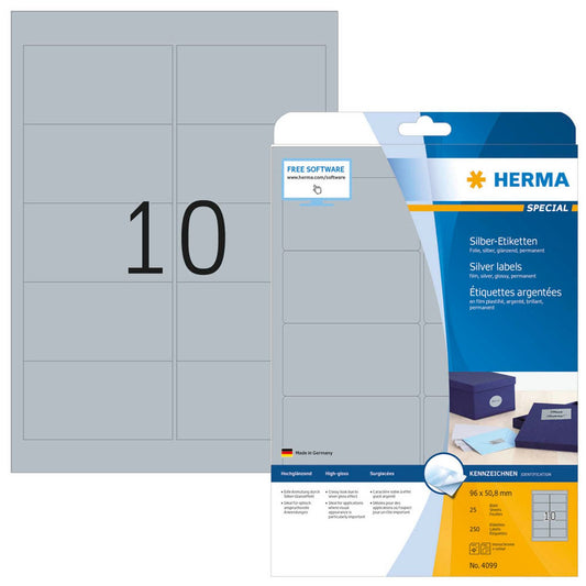 HERMA Folienetiketten silber 96,0 x 50,8 mm | 4099 | 1 Pack = 25 Blatt